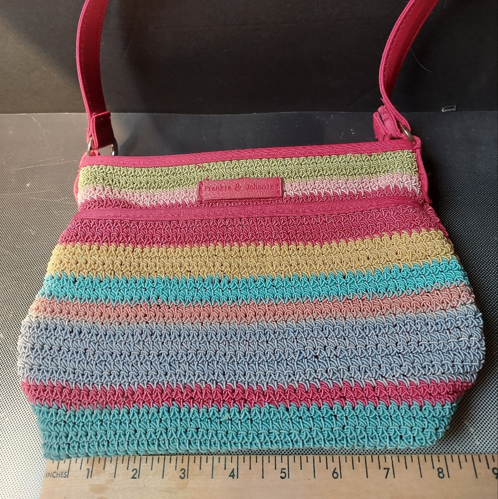 Frankie and Johnnie crochet stripes shoulder purse 8in x 7in